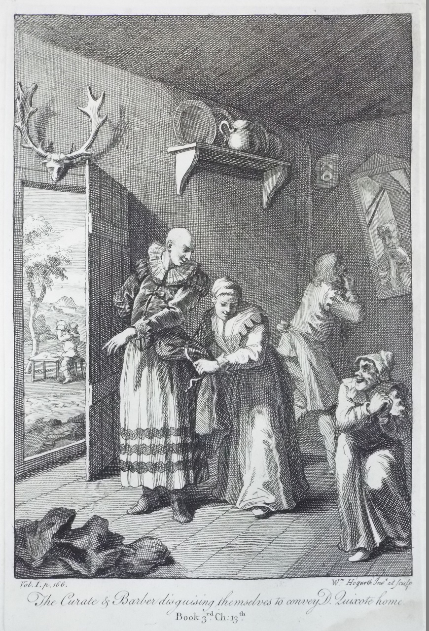 Print - The Curate & Barber disguising themselves to convey D. Quixote home. Book 3rd. Ch: 13th. - Hogarth